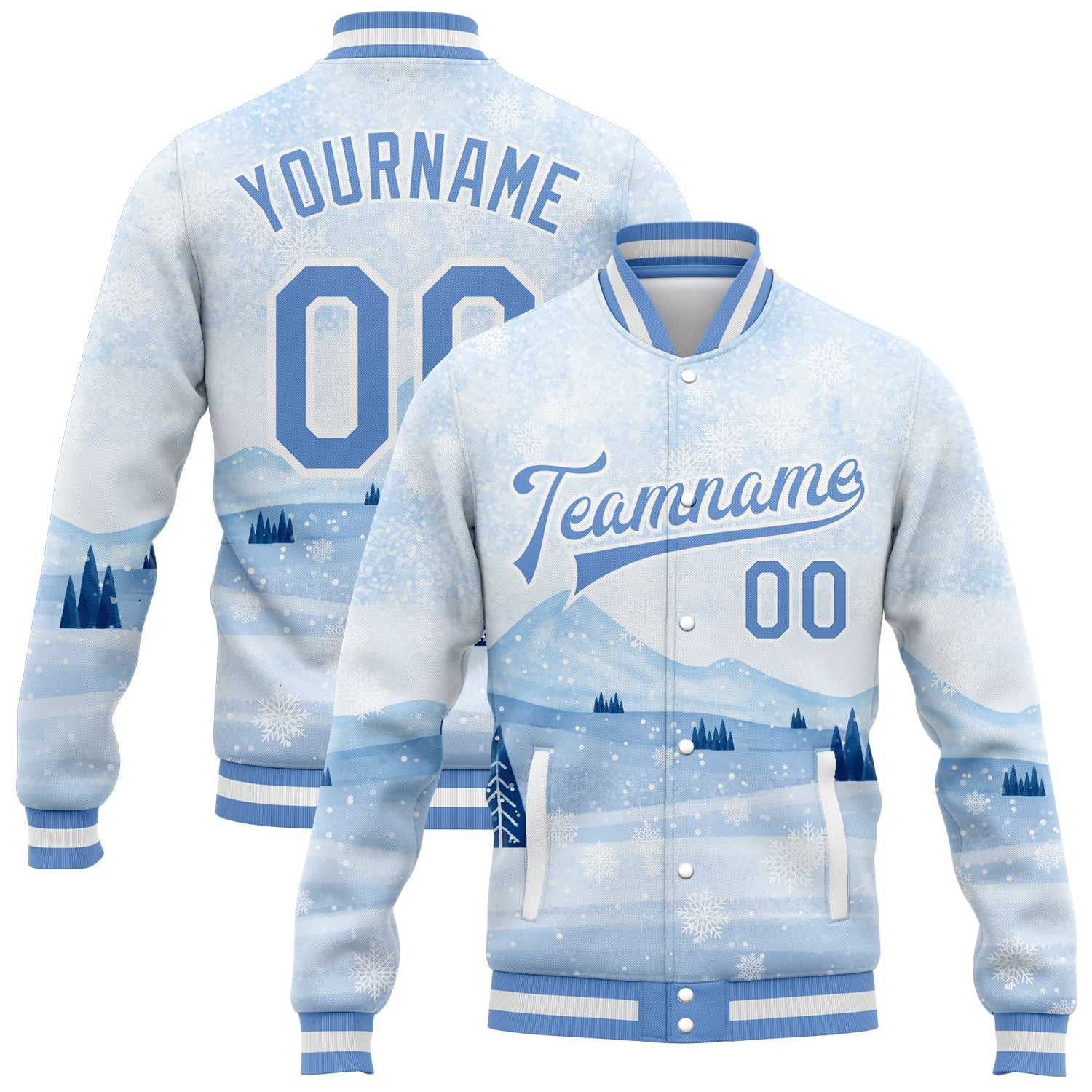 Custom White Light Blue Watercolor Winter Snow Landscape 3D Pattern Design Bomber Full-Snap Varsity Letterman Jacket - Main View