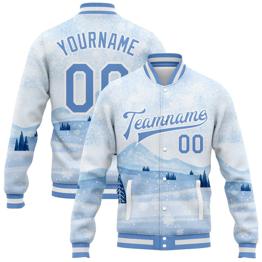 Custom White Light Blue Watercolor Winter Snow Landscape 3D Pattern Design Bomber Full-Snap Varsity Letterman Jacket - Main View