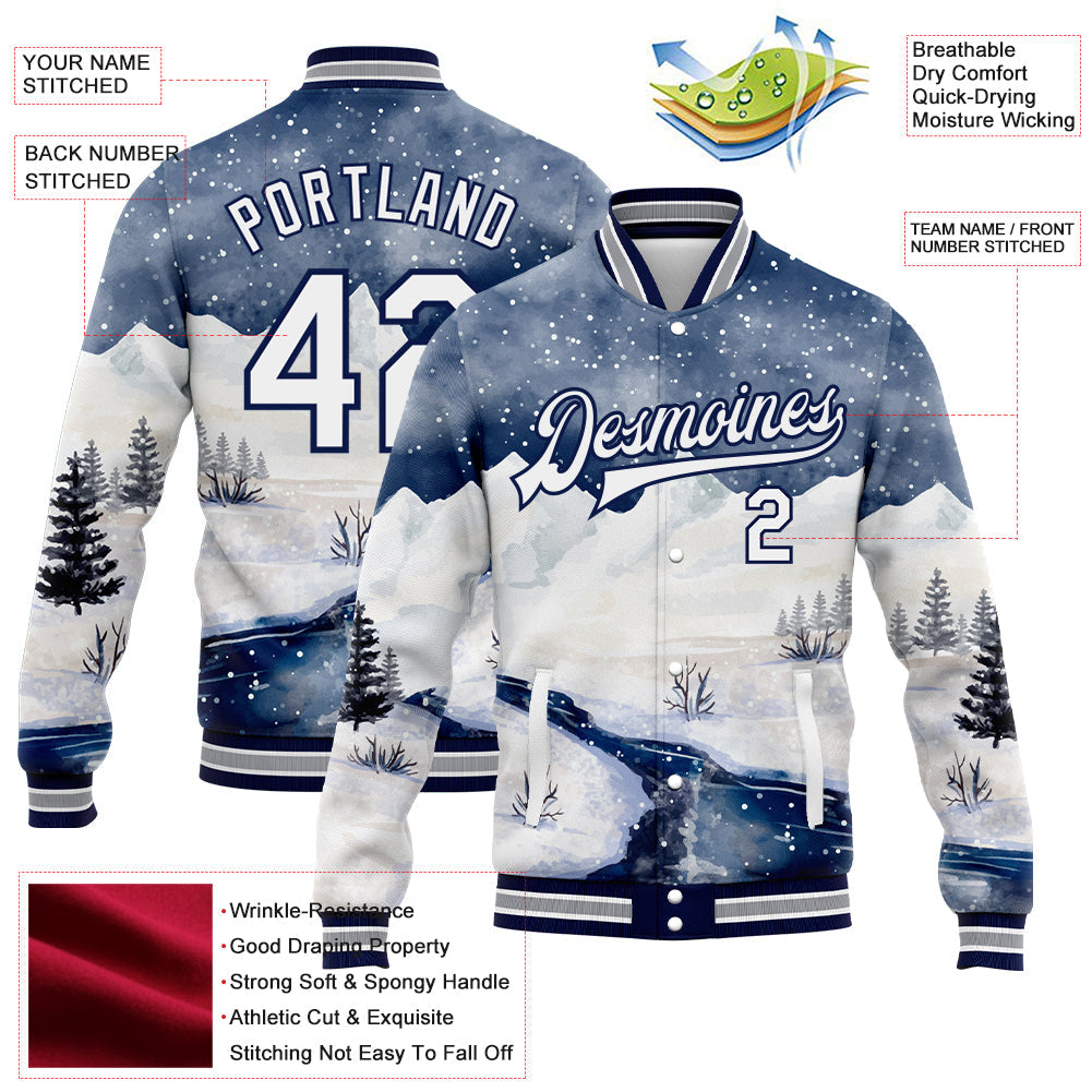 Custom White Navy Watercolor Winter Snow Landscape 3D Pattern Design Bomber Full-Snap Varsity Letterman Jacket view 5