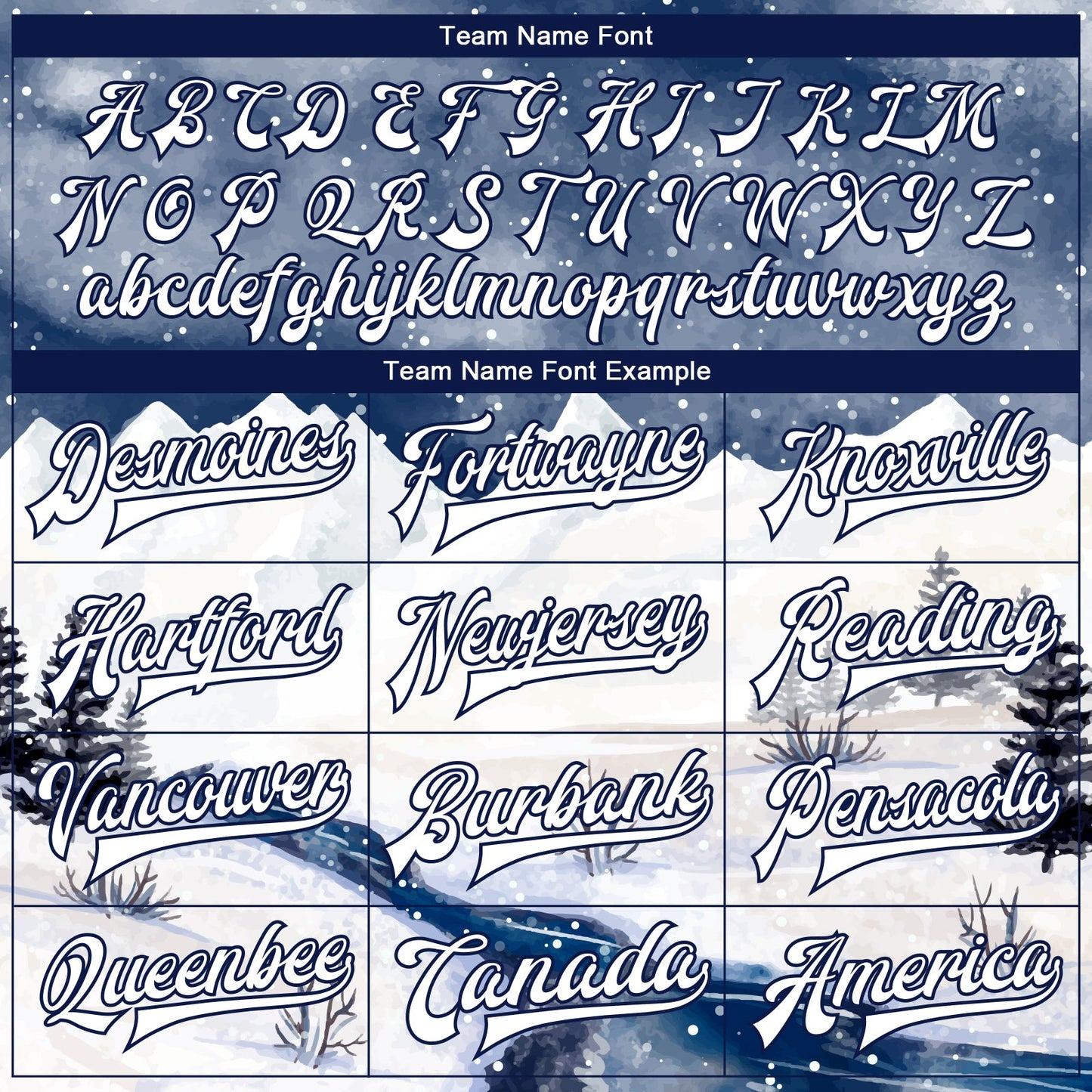 Custom White Navy Watercolor Winter Snow Landscape 3D Pattern Design Bomber Full-Snap Varsity Letterman Jacket view 6