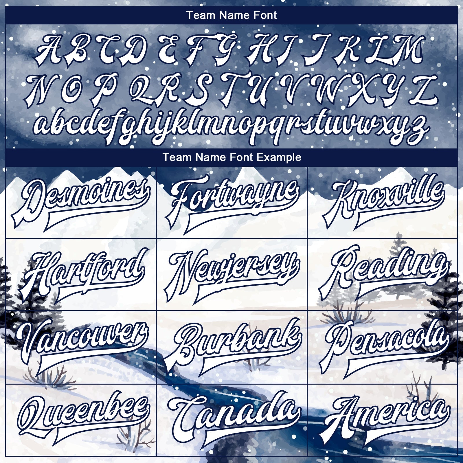 Custom White Navy Watercolor Winter Snow Landscape 3D Pattern Design Bomber Full-Snap Varsity Letterman Jacket view 6