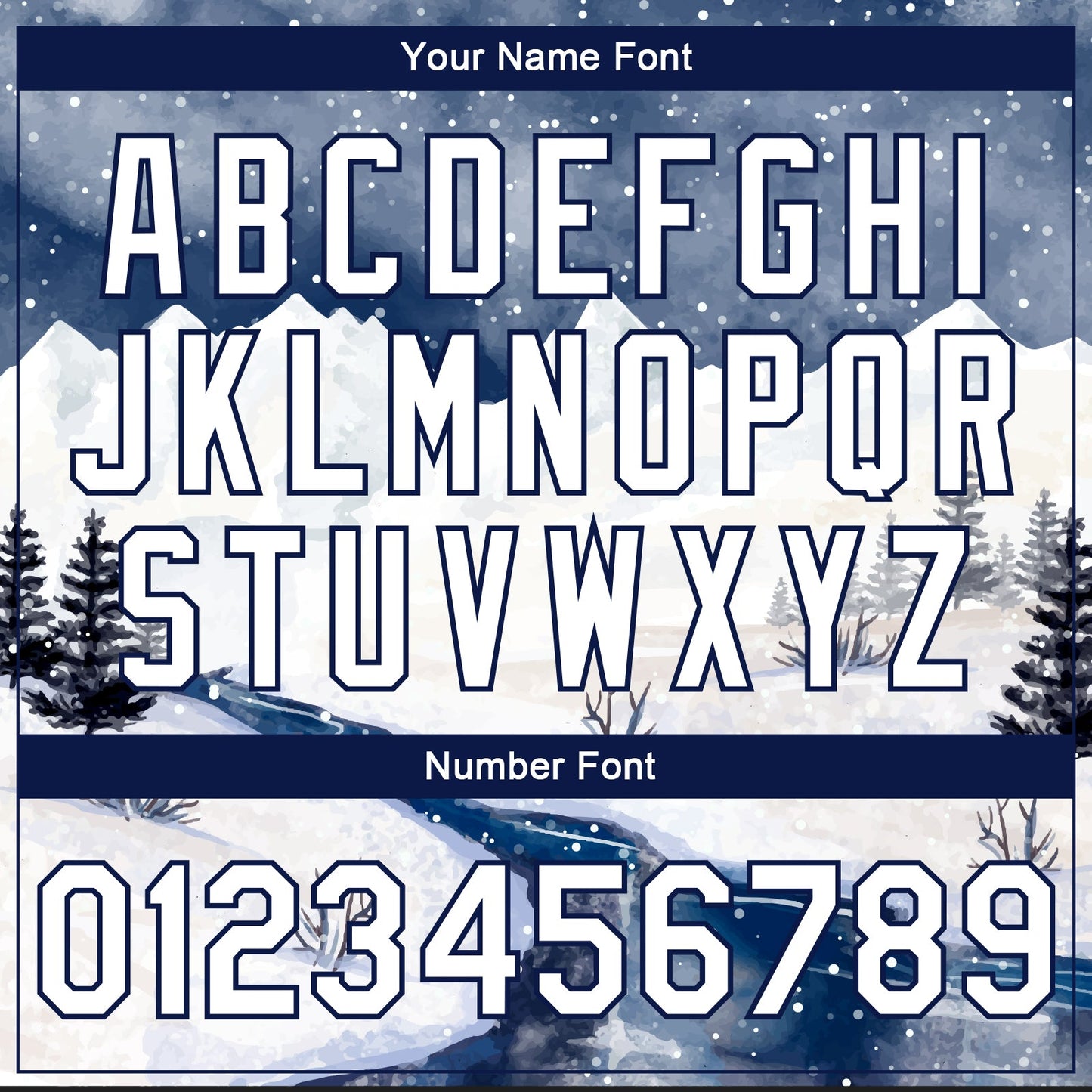 Custom White Navy Watercolor Winter Snow Landscape 3D Pattern Design Bomber Full-Snap Varsity Letterman Jacket view 7