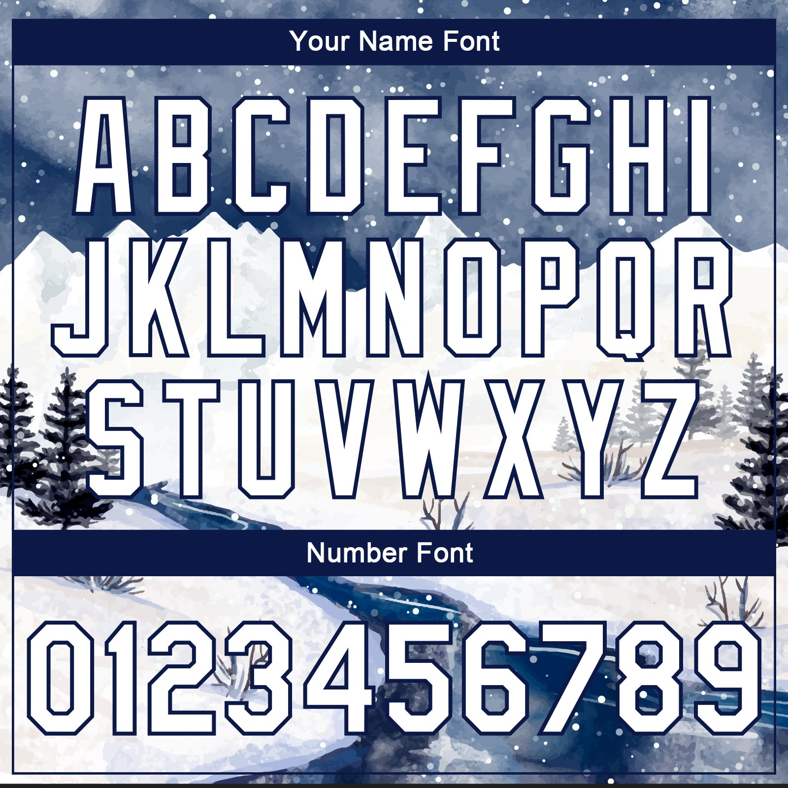 Custom White Navy Watercolor Winter Snow Landscape 3D Pattern Design Bomber Full-Snap Varsity Letterman Jacket view 7