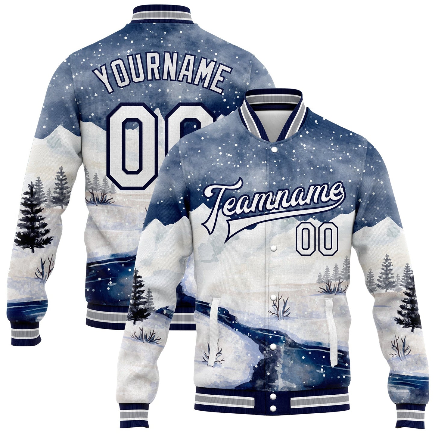 Custom White Navy Watercolor Winter Snow Landscape 3D Pattern Design Bomber Full-Snap Varsity Letterman Jacket - Main View
