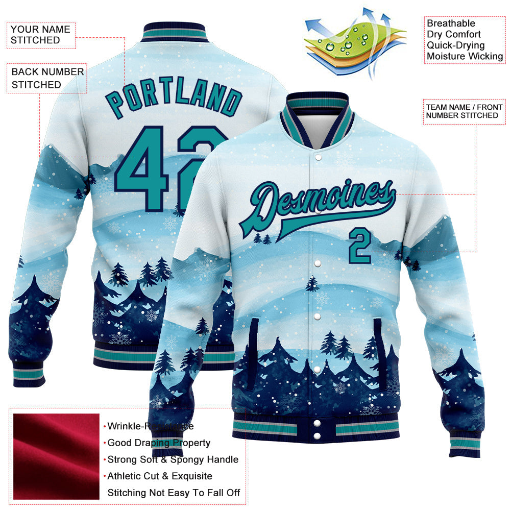Custom White Teal-Navy Watercolor Forest Winter Snow Landscape 3D Pattern Design Bomber Full-Snap Varsity Letterman Jacket view 5