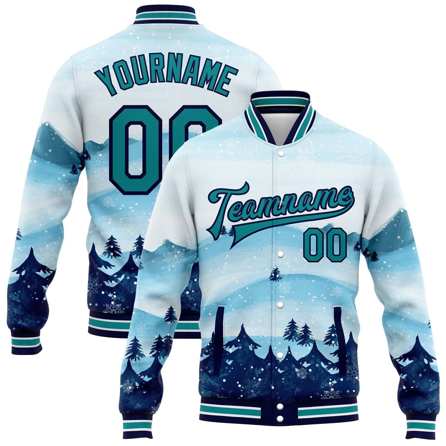 Custom White Teal-Navy Watercolor Forest Winter Snow Landscape 3D Pattern Design Bomber Full-Snap Varsity Letterman Jacket - Main View