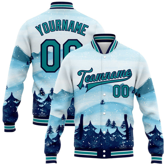 Custom White Teal-Navy Watercolor Forest Winter Snow Landscape 3D Pattern Design Bomber Full-Snap Varsity Letterman Jacket - Main View