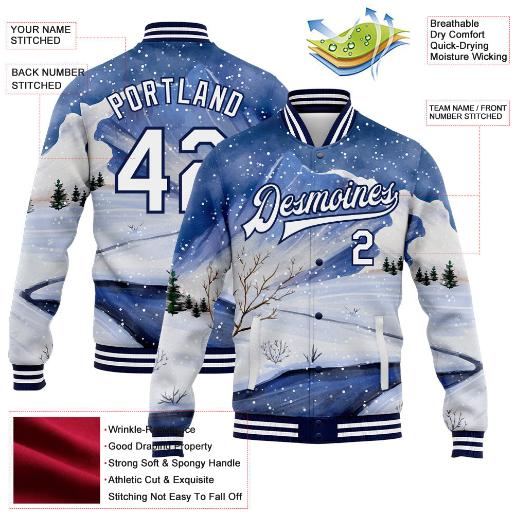 Custom Royal White-Navy Watercolor Winter Snow Landscape 3D Pattern Design Bomber Full-Snap Varsity Letterman Jacket view 5
