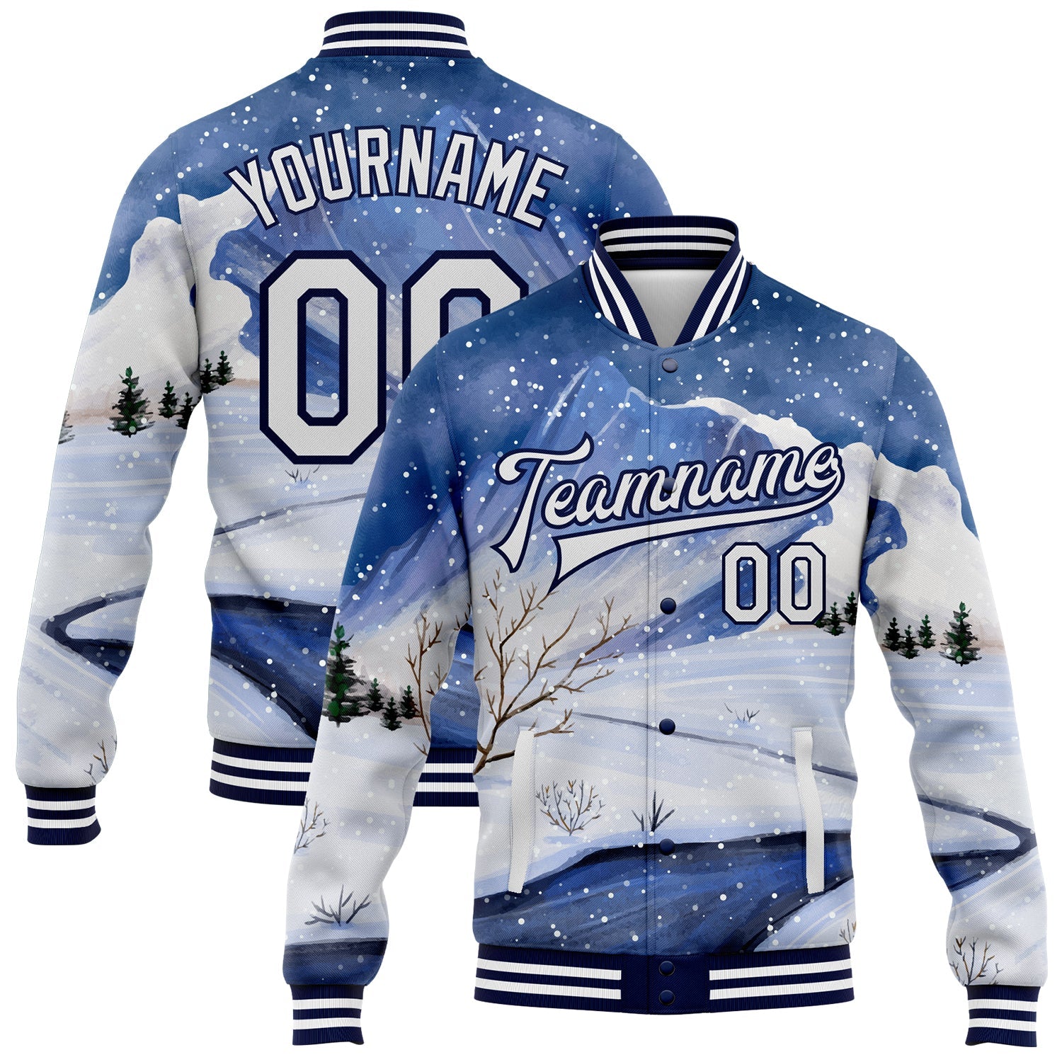 Custom Royal White-Navy Watercolor Winter Snow Landscape 3D Pattern Design Bomber Full-Snap Varsity Letterman Jacket - Main View