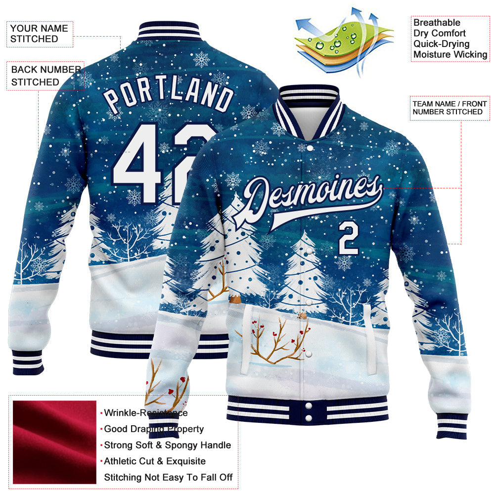 Custom Royal White-Navy Watercolor Winter Landscape With Snowy Trees 3D Pattern Design Bomber Full-Snap Varsity Letterman Jacket view 5