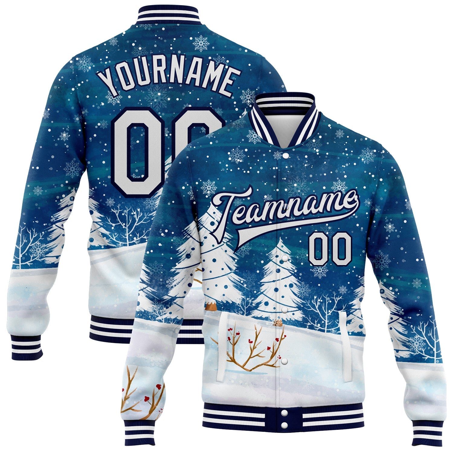 Custom Royal White-Navy Watercolor Winter Landscape With Snowy Trees 3D Pattern Design Bomber Full-Snap Varsity Letterman Jacket - Main View