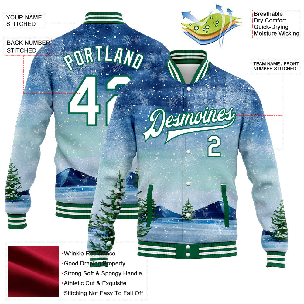 Custom Royal White-Kelly Green Watercolor Winter Landscape With Snowy Trees 3D Pattern Design Bomber Full-Snap Varsity Letterman Jacket view 5