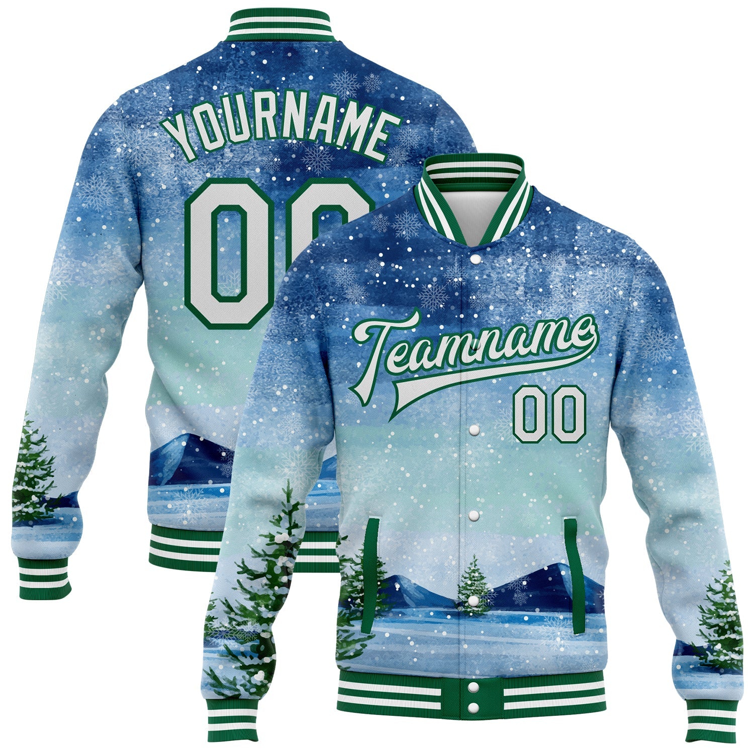 Custom Royal White-Kelly Green Watercolor Winter Landscape With Snowy Trees 3D Pattern Design Bomber Full-Snap Varsity Letterman Jacket - Main View