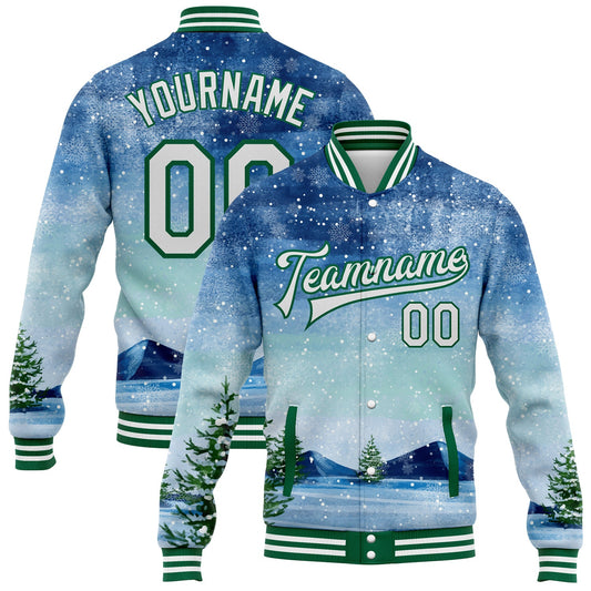 Custom Royal White-Kelly Green Watercolor Winter Landscape With Snowy Trees 3D Pattern Design Bomber Full-Snap Varsity Letterman Jacket - Main View