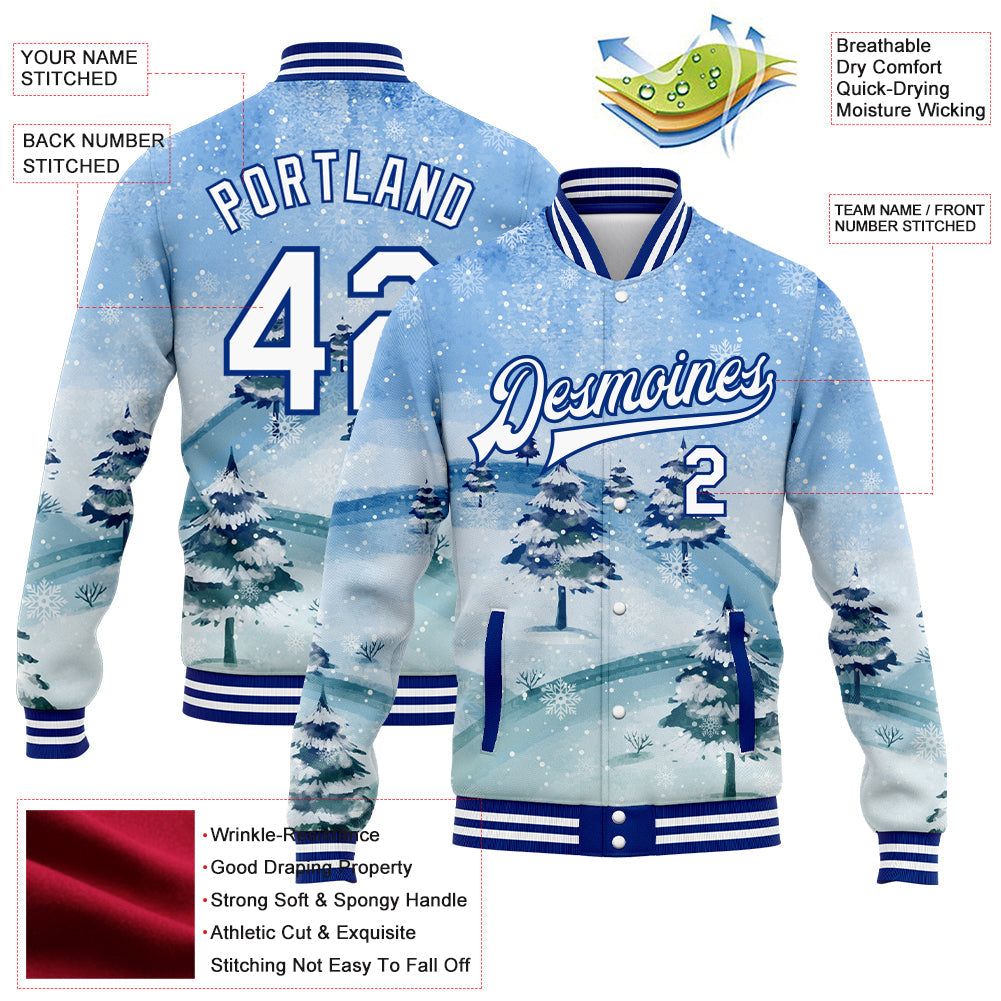 Custom Light Blue White-Royal Watercolor Winter Landscape With Snowy Trees 3D Pattern Design Bomber Full-Snap Varsity Letterman Jacket view 5