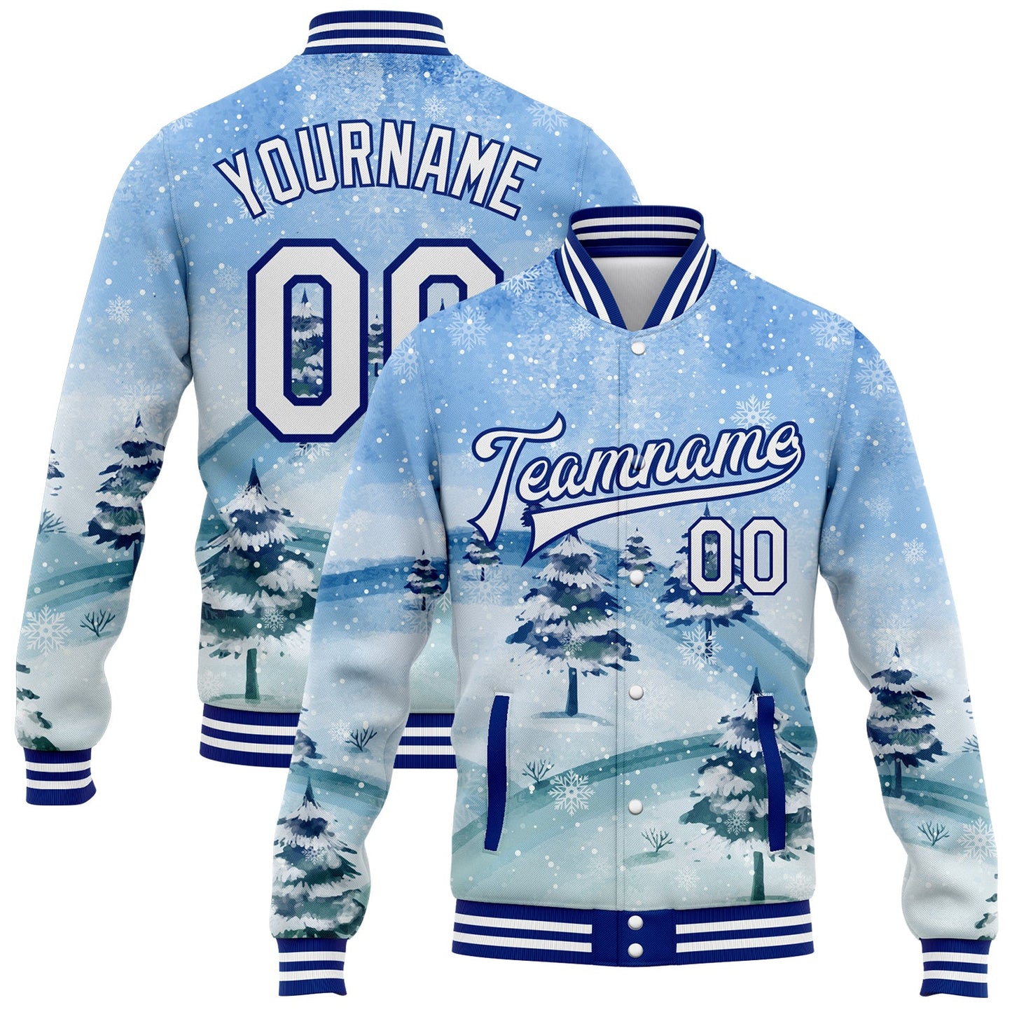 Custom Light Blue White-Royal Watercolor Winter Landscape With Snowy Trees 3D Pattern Design Bomber Full-Snap Varsity Letterman Jacket - Main View