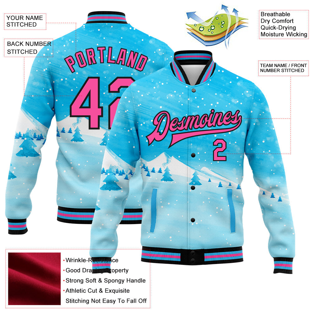 Custom Sky Blue Pink-Black Watercolor Winter Landscape With Snowy Trees 3D Pattern Design Bomber Full-Snap Varsity Letterman Jacket view 5