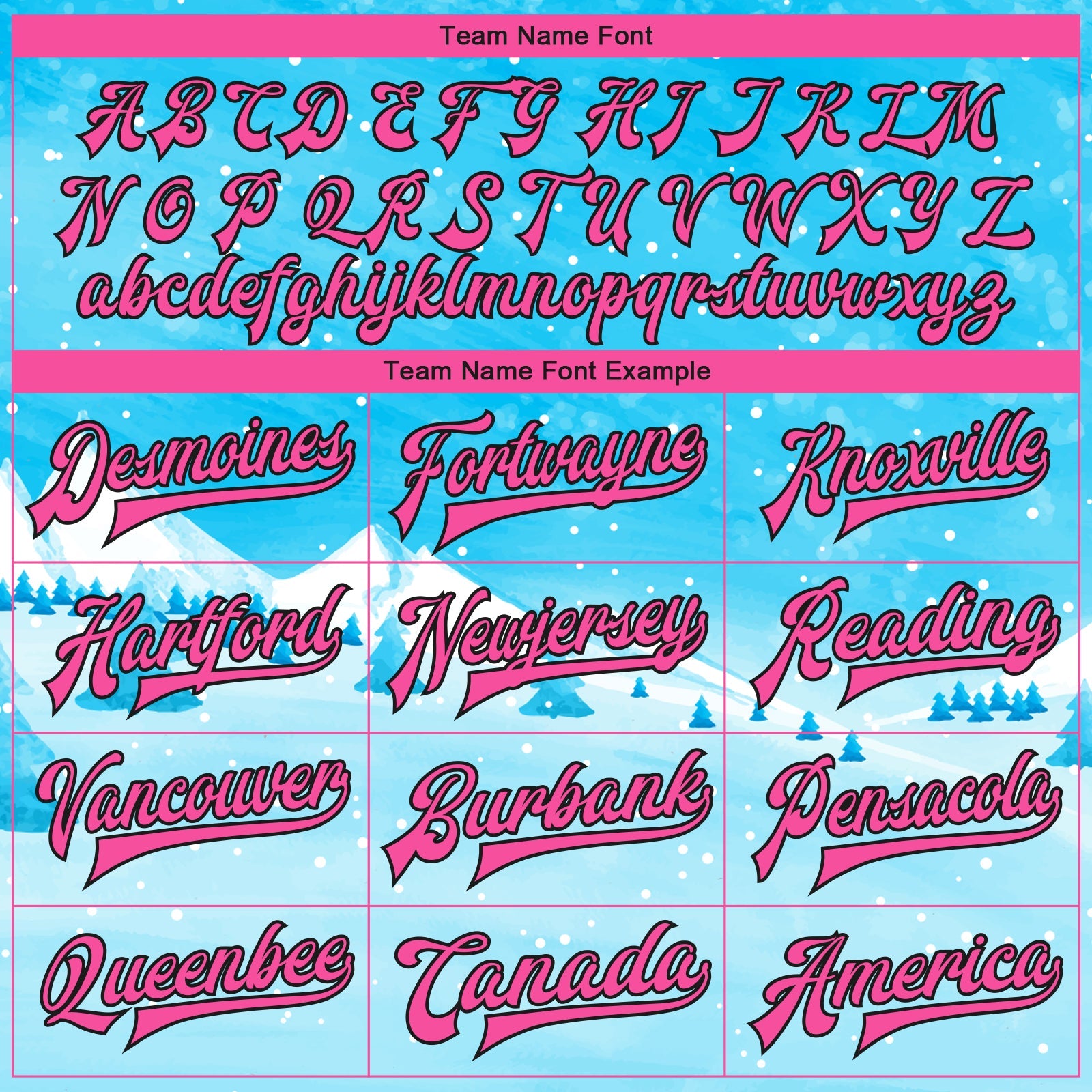 Custom Sky Blue Pink-Black Watercolor Winter Landscape With Snowy Trees 3D Pattern Design Bomber Full-Snap Varsity Letterman Jacket view 6