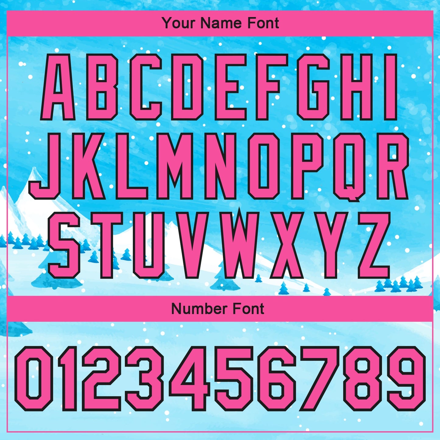 Custom Sky Blue Pink-Black Watercolor Winter Landscape With Snowy Trees 3D Pattern Design Bomber Full-Snap Varsity Letterman Jacket view 7