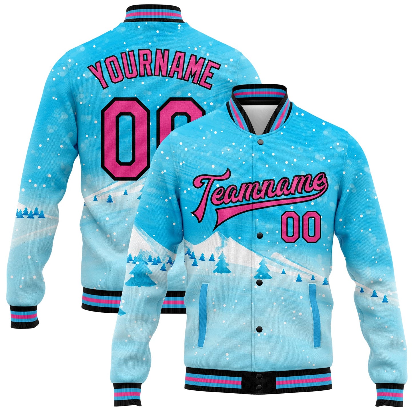 Custom Sky Blue Pink-Black Watercolor Winter Landscape With Snowy Trees 3D Pattern Design Bomber Full-Snap Varsity Letterman Jacket - Main View