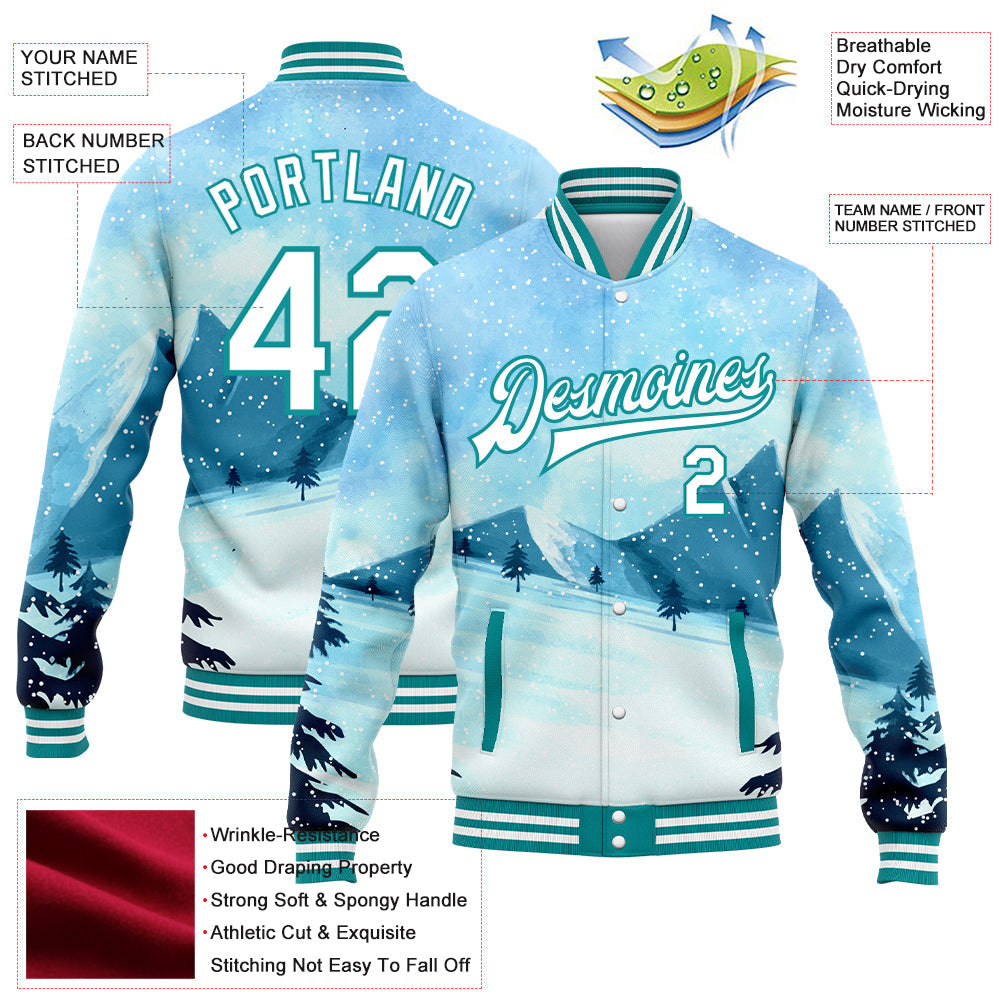 Custom Light Blue White-Teal Watercolor Winter Landscape With Snowy Trees 3D Pattern Design Bomber Full-Snap Varsity Letterman Jacket view 5