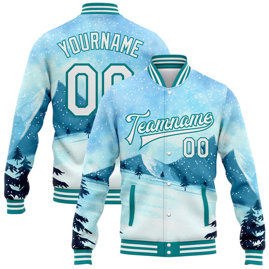 Custom Light Blue White-Teal Watercolor Winter Landscape With Snowy Trees 3D Pattern Design Bomber Full-Snap Varsity Letterman Jacket - Main View