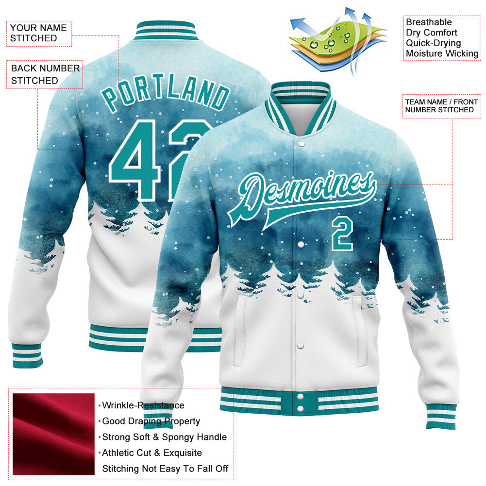 Custom Light Blue Teal-White Watercolor Winter Landscape With Snowy Trees 3D Pattern Design Bomber Full-Snap Varsity Letterman Jacket view 5