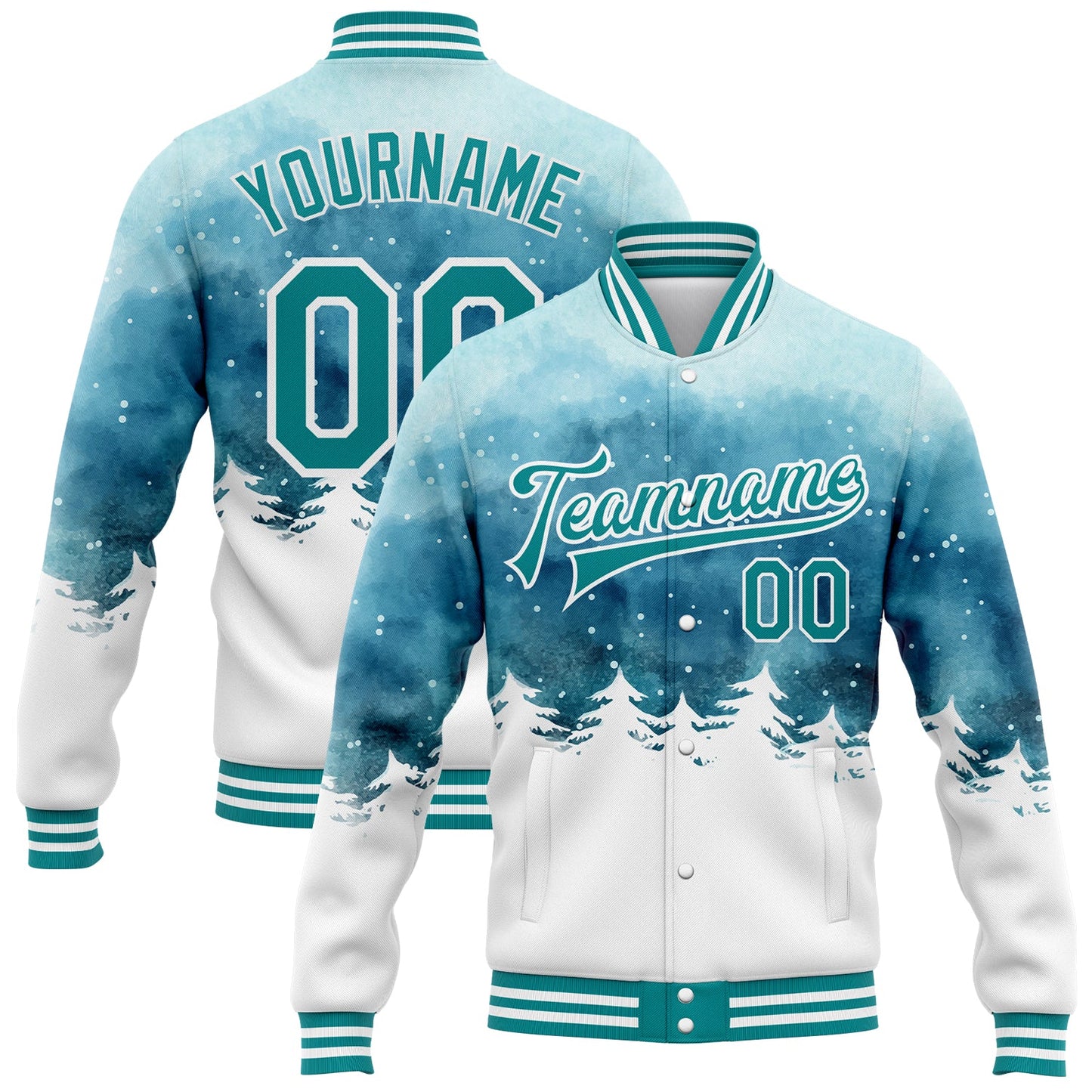 Custom Light Blue Teal-White Watercolor Winter Landscape With Snowy Trees 3D Pattern Design Bomber Full-Snap Varsity Letterman Jacket - Main View