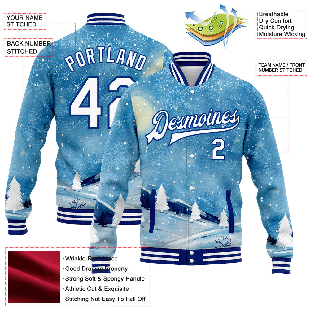 Custom Light Blue White-Royal Watercolor Winter Landscape With Snowy Trees 3D Pattern Design Bomber Full-Snap Varsity Letterman Jacket view 5