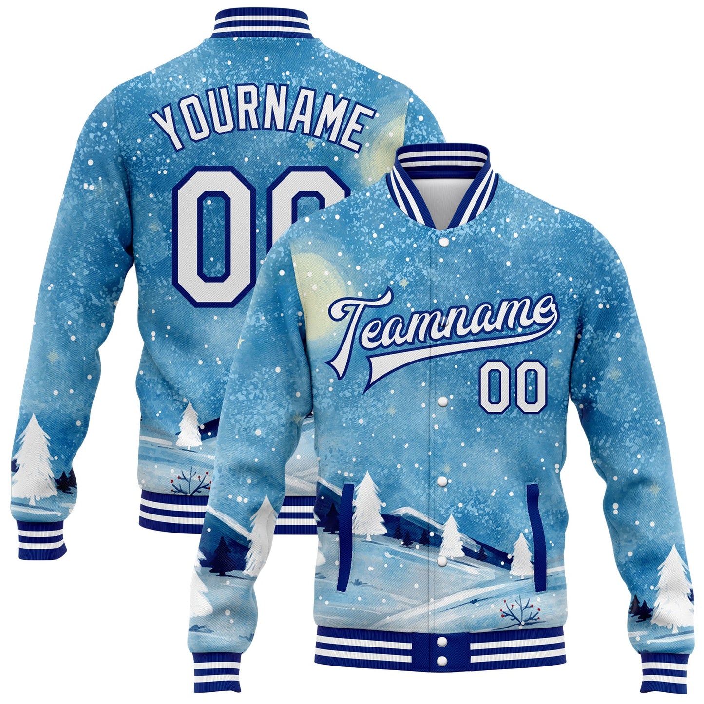 Custom Light Blue White-Royal Watercolor Winter Landscape With Snowy Trees 3D Pattern Design Bomber Full-Snap Varsity Letterman Jacket - Main View