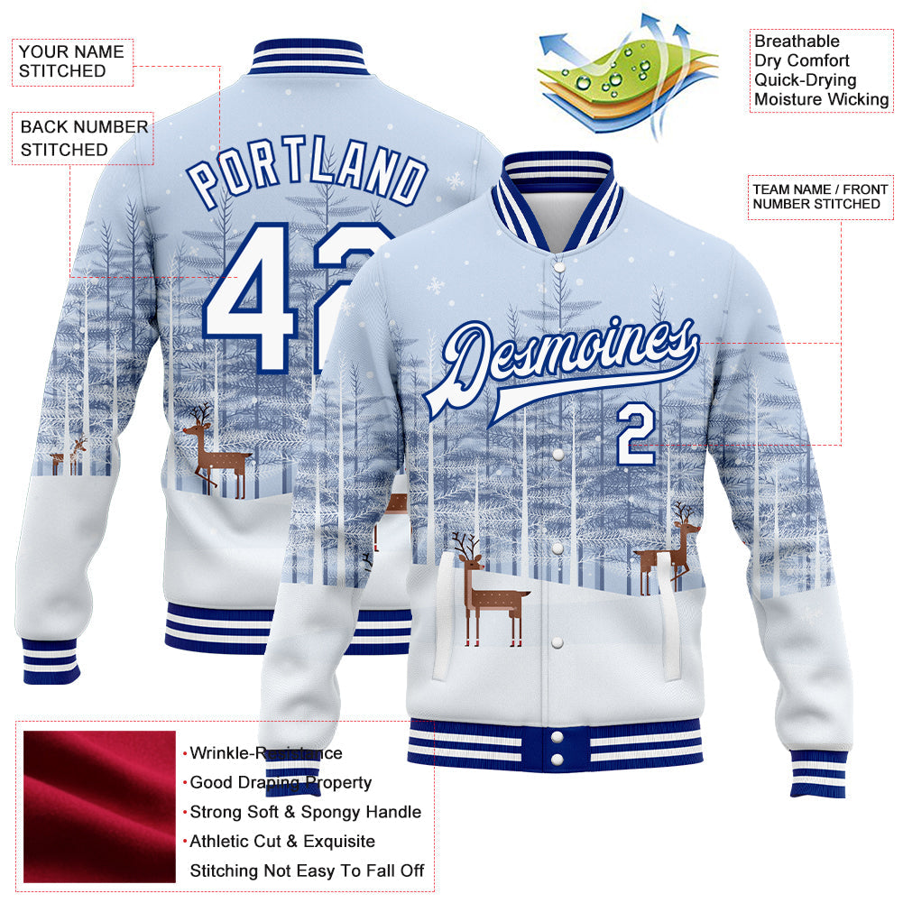 Custom White Royal Reindeers In A Snowy Forest 3D Pattern Design Bomber Full-Snap Varsity Letterman Jacket view 5