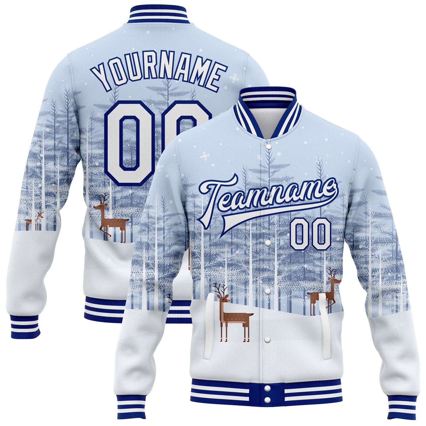 Custom White Royal Reindeers In A Snowy Forest 3D Pattern Design Bomber Full-Snap Varsity Letterman Jacket - Main View