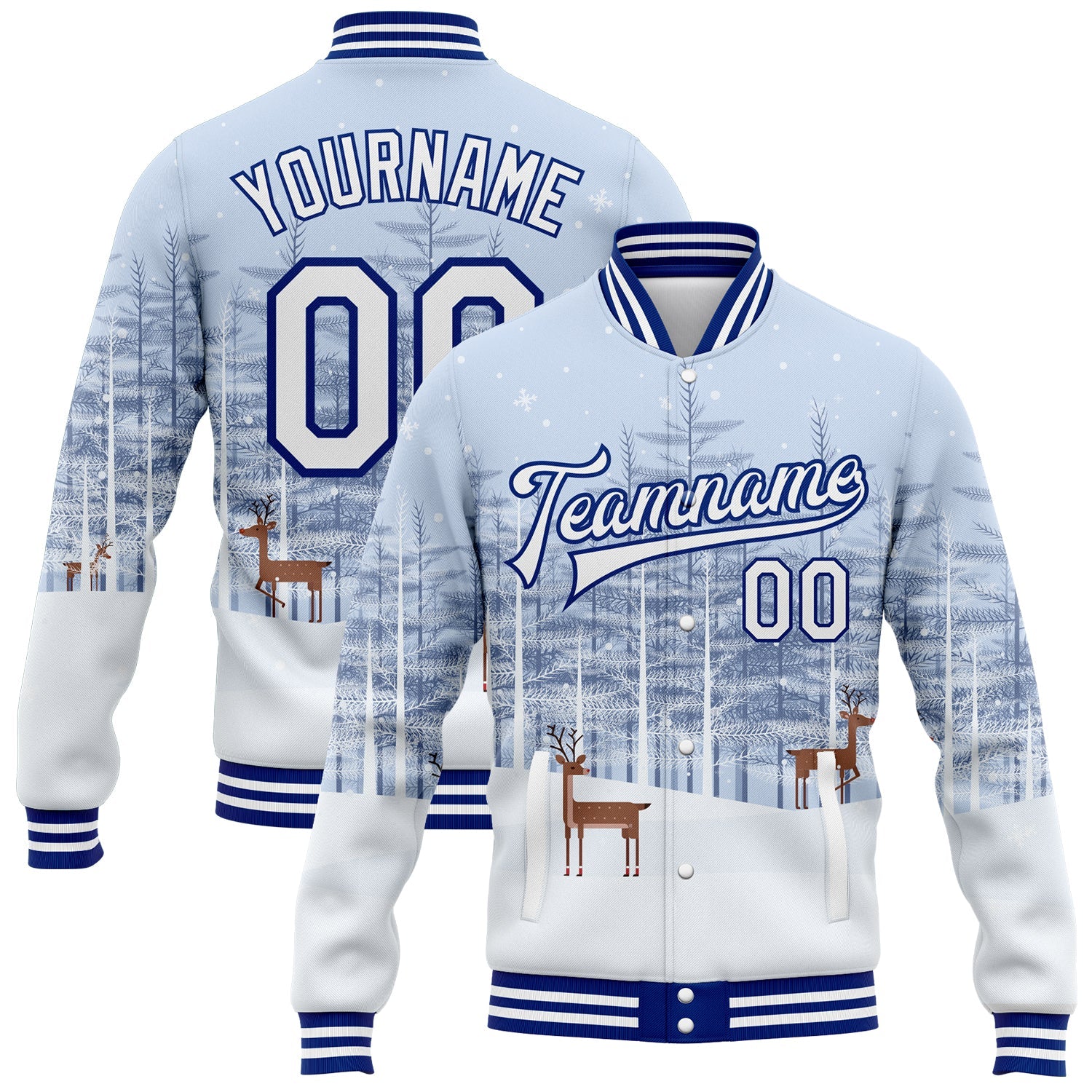 Custom White Royal Reindeers In A Snowy Forest 3D Pattern Design Bomber Full-Snap Varsity Letterman Jacket - Main View
