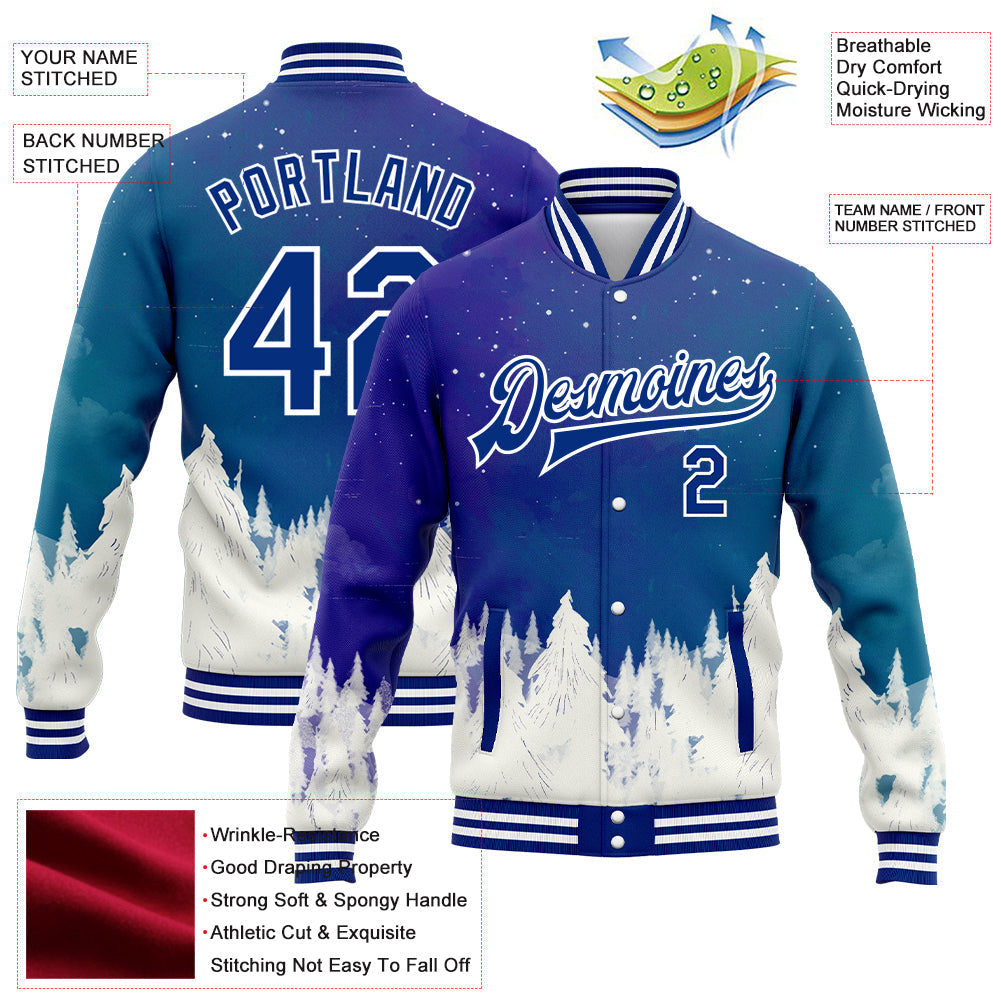 Custom Royal White Watercolor Winter Landscape With Snowy Trees 3D Pattern Design Bomber Full-Snap Varsity Letterman Jacket view 5