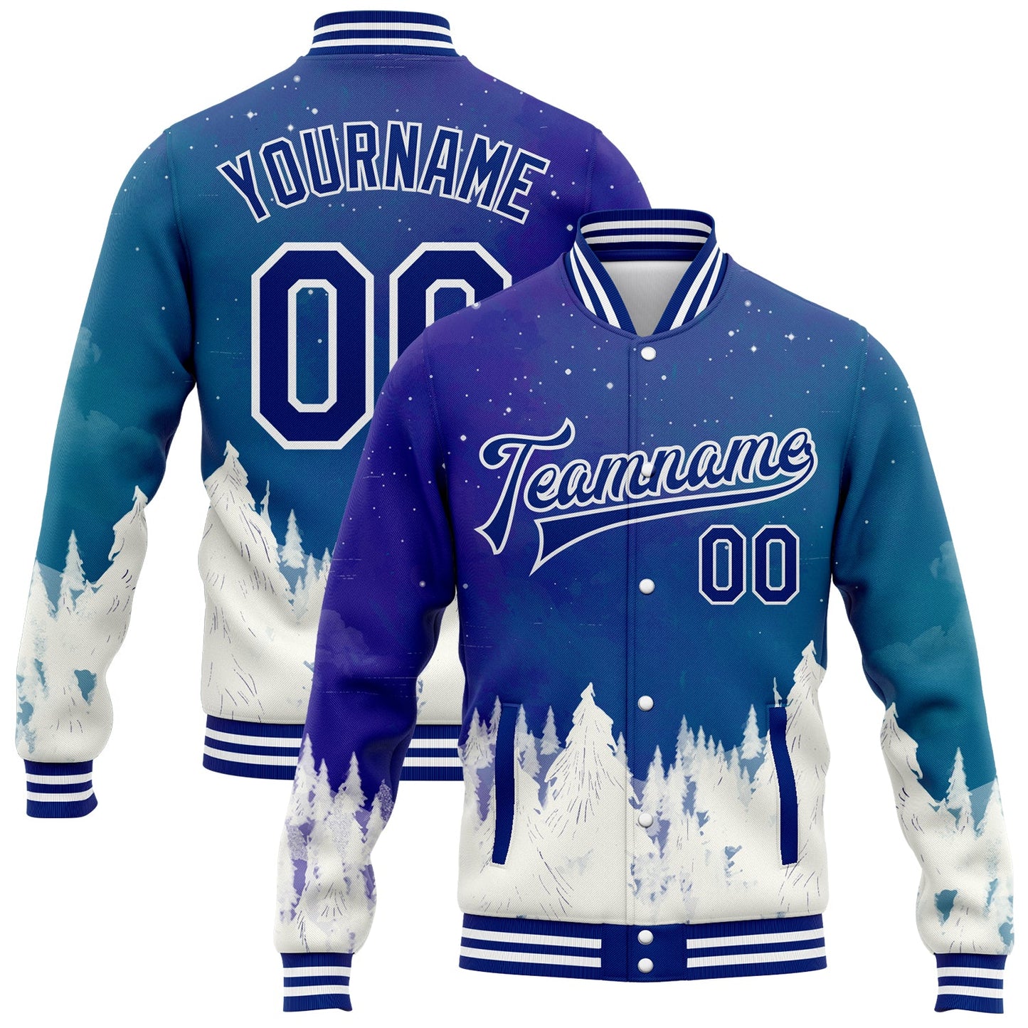 Custom Royal White Watercolor Winter Landscape With Snowy Trees 3D Pattern Design Bomber Full-Snap Varsity Letterman Jacket - Main View