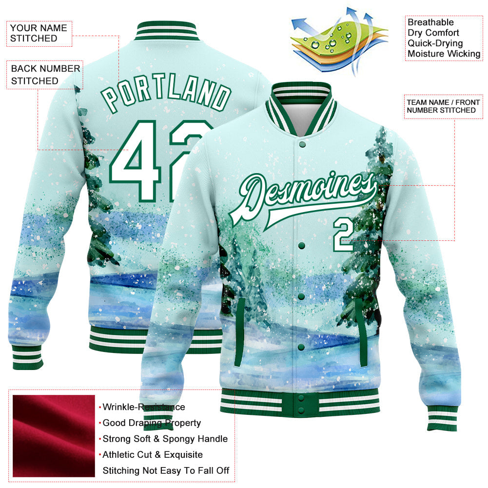 Custom Aqua White-Kelly Green Watercolor Winter Landscape With Snowy Trees 3D Pattern Design Bomber Full-Snap Varsity Letterman Jacket view 5
