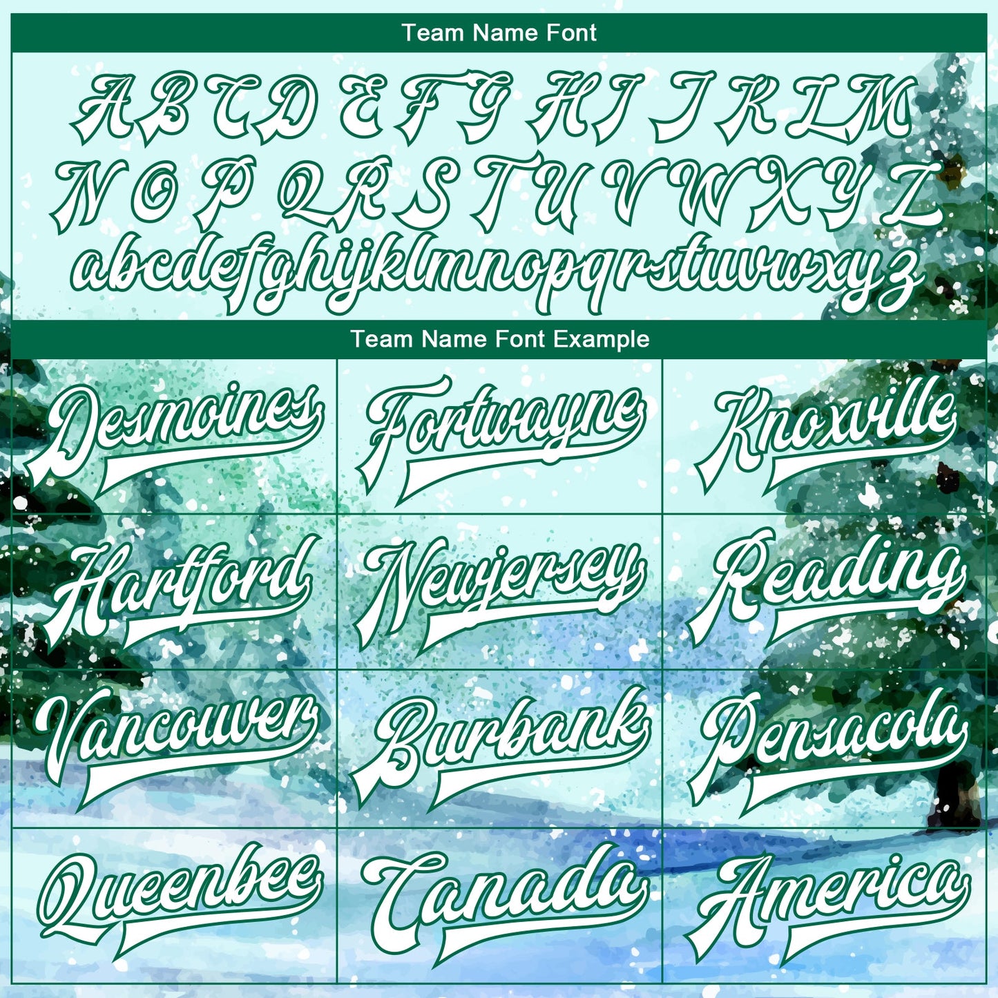 Custom Aqua White-Kelly Green Watercolor Winter Landscape With Snowy Trees 3D Pattern Design Bomber Full-Snap Varsity Letterman Jacket view 6