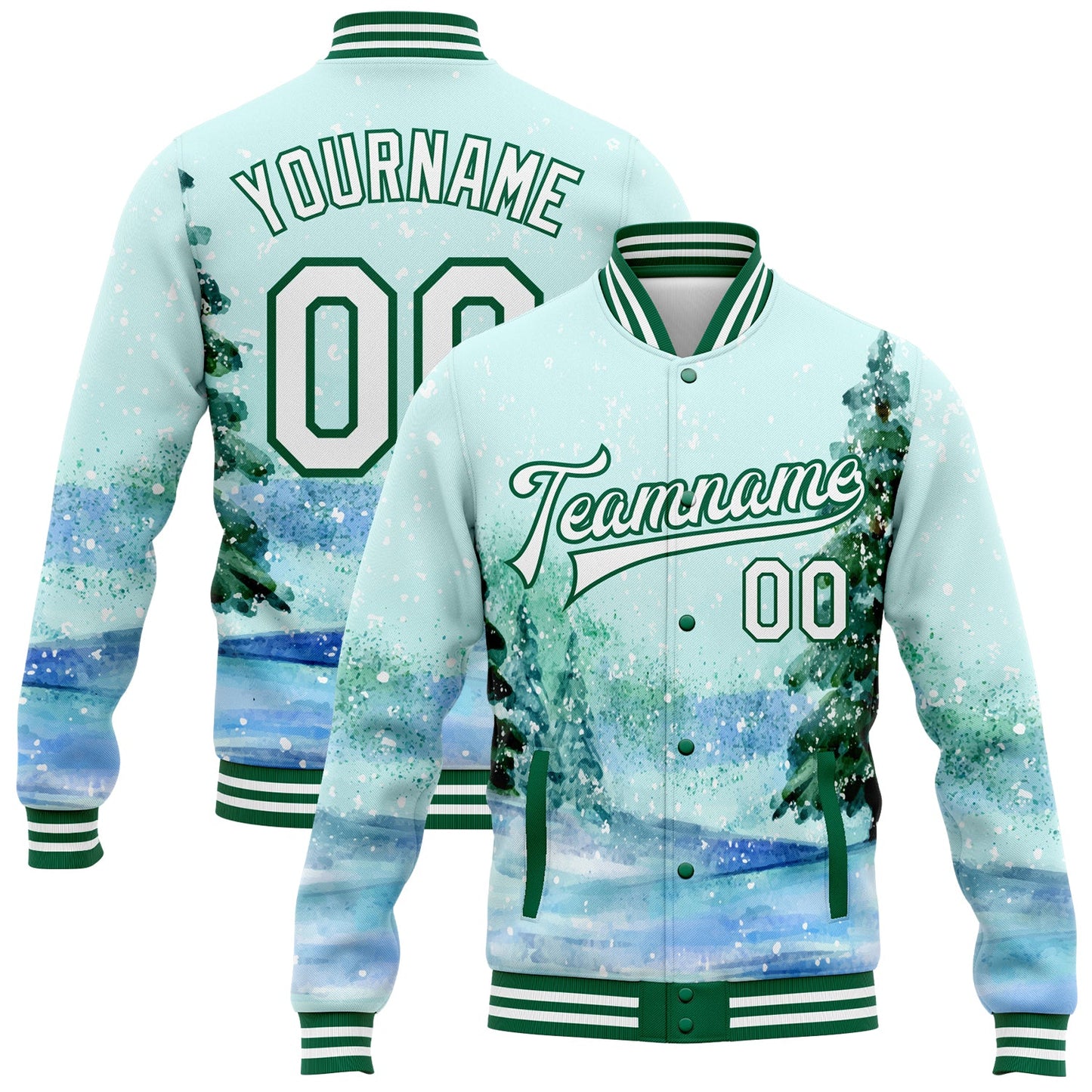 Custom Aqua White-Kelly Green Watercolor Winter Landscape With Snowy Trees 3D Pattern Design Bomber Full-Snap Varsity Letterman Jacket - Main View