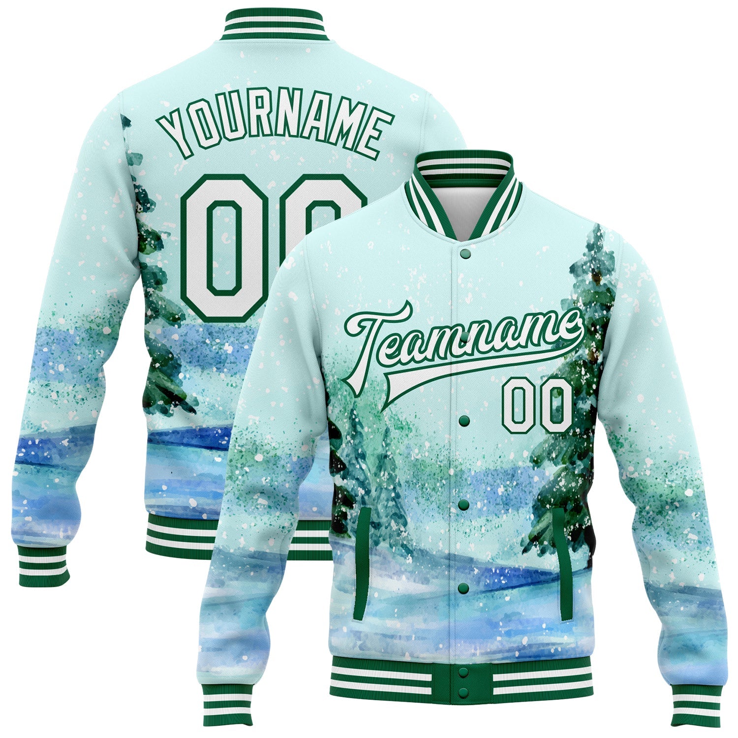 Custom Aqua White-Kelly Green Watercolor Winter Landscape With Snowy Trees 3D Pattern Design Bomber Full-Snap Varsity Letterman Jacket - Main View