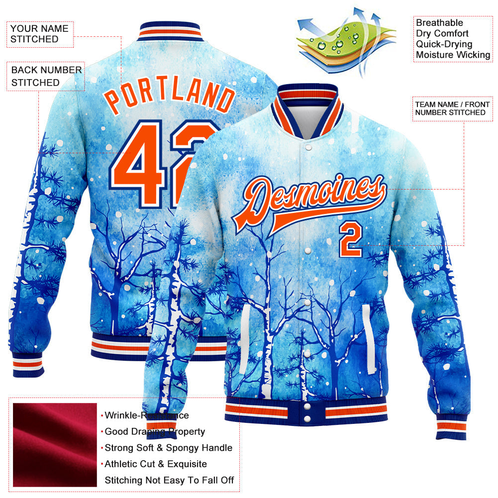 Custom Royal Orange-White Lovely Winter Landscape With Snowy Trees 3D Pattern Design Bomber Full-Snap Varsity Letterman Jacket view 5