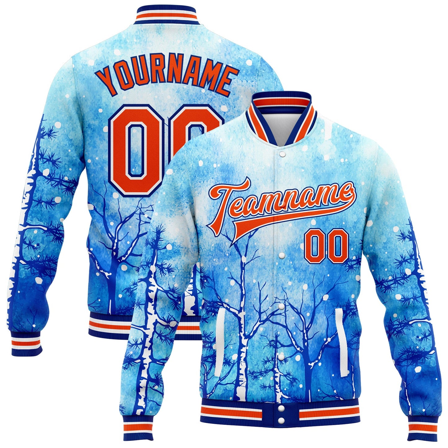Custom Royal Orange-White Lovely Winter Landscape With Snowy Trees 3D Pattern Design Bomber Full-Snap Varsity Letterman Jacket - Main View