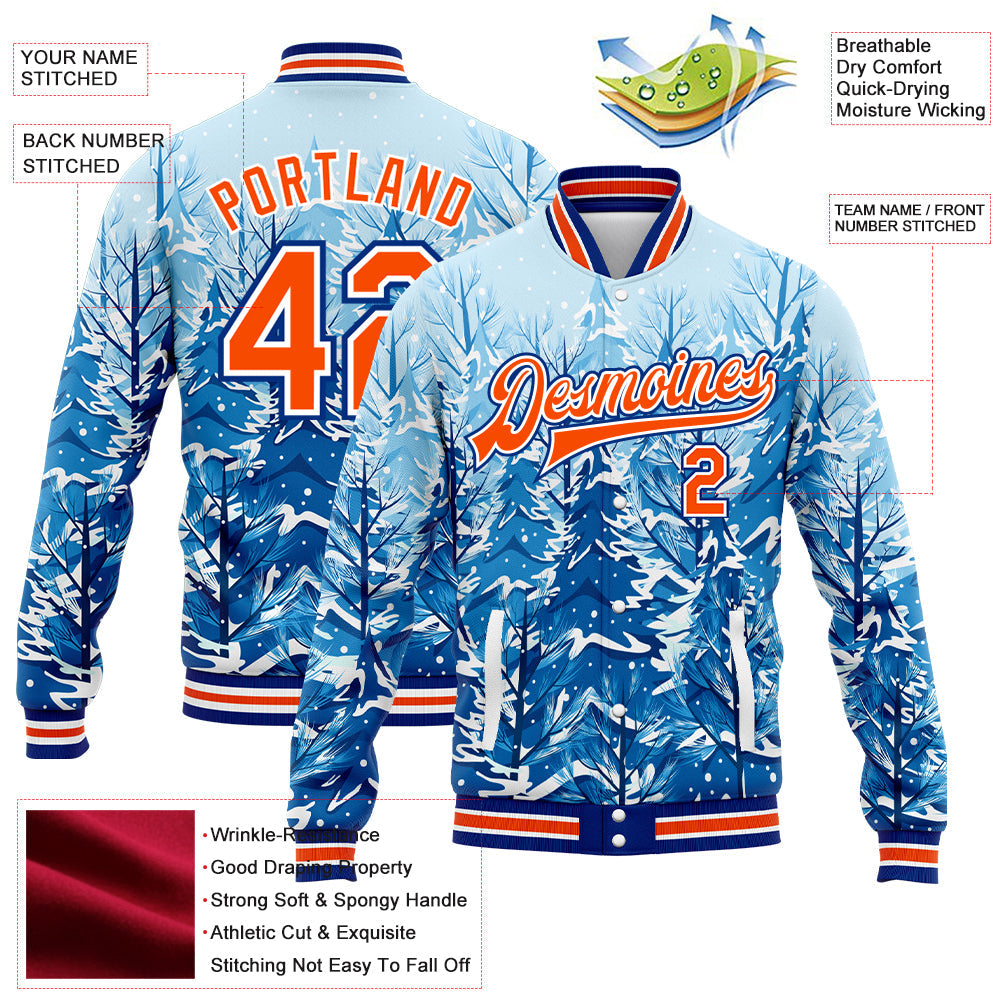 Custom Royal Orange-White Lovely Winter Landscape With Snowy Trees 3D Pattern Design Bomber Full-Snap Varsity Letterman Jacket view 5