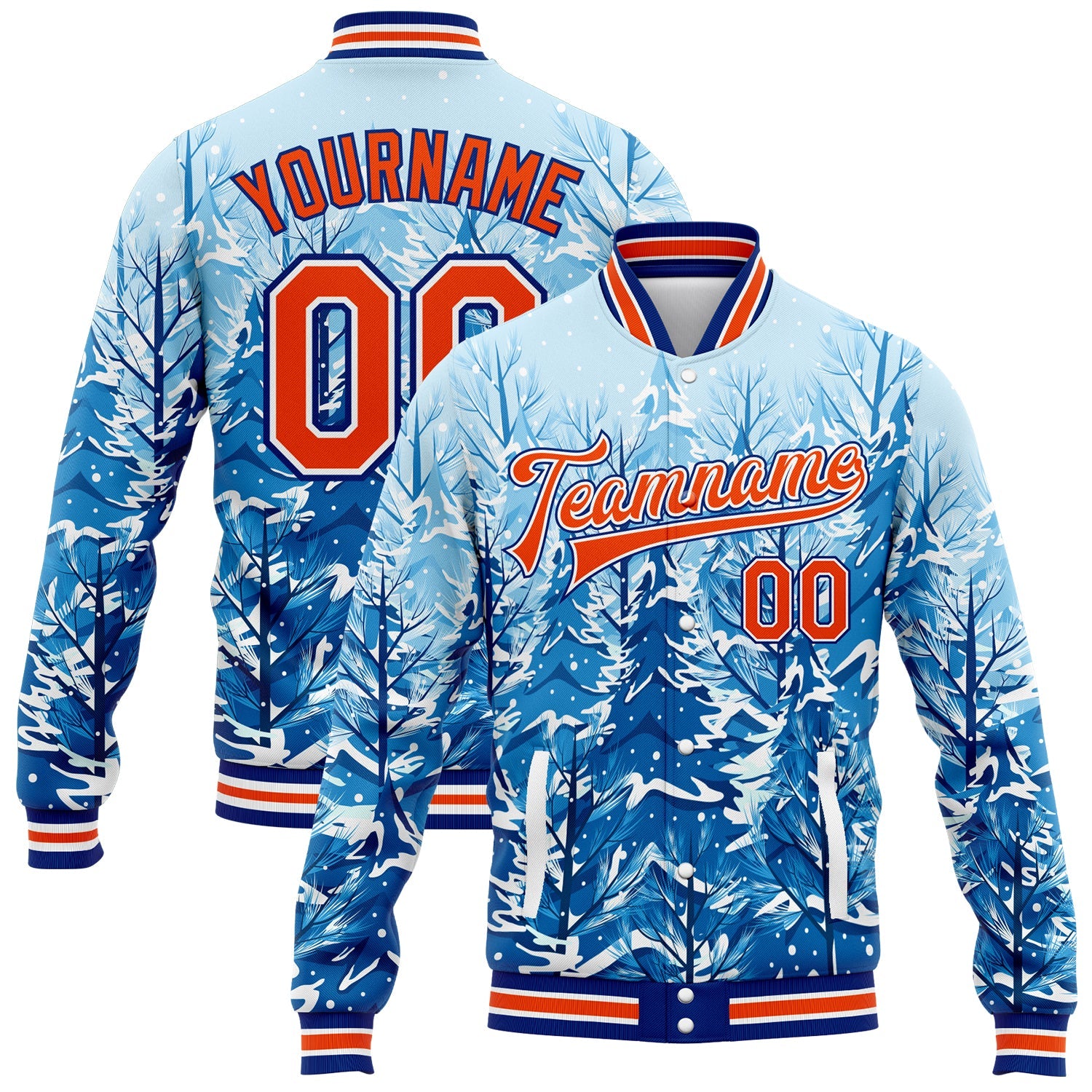 Custom Royal Orange-White Lovely Winter Landscape With Snowy Trees 3D Pattern Design Bomber Full-Snap Varsity Letterman Jacket - Main View