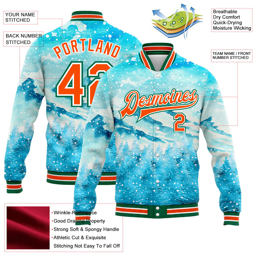 Custom Lakes Blue Orange-Kelly Green Watercolor Winter Snowy Landscape 3D Pattern Design Bomber Full-Snap Varsity Letterman Jacket view 5