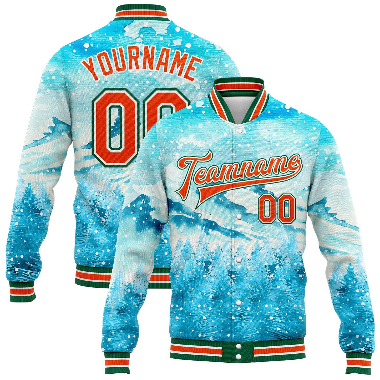 Custom Lakes Blue Orange-Kelly Green Watercolor Winter Snowy Landscape 3D Pattern Design Bomber Full-Snap Varsity Letterman Jacket - Main View
