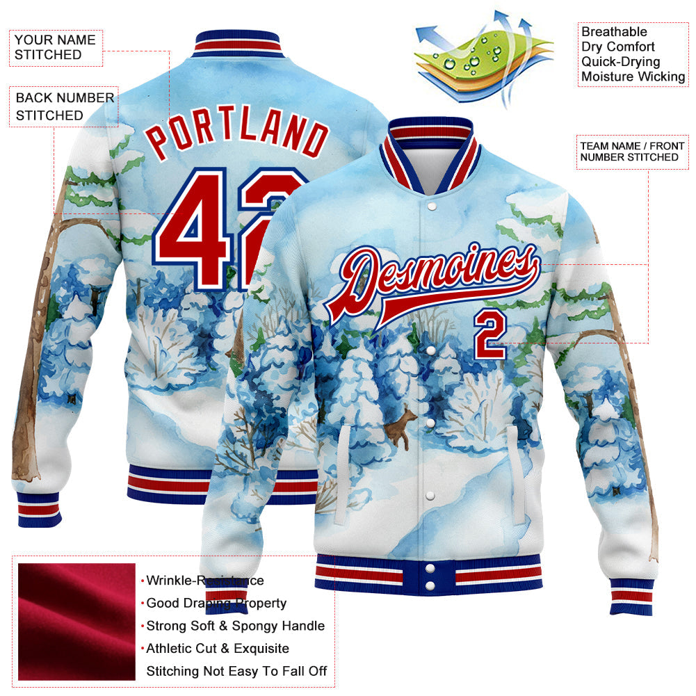 Custom Light Blue Red-Royal Watercolor Winter Landscape With Snowy Trees 3D Pattern Design Bomber Full-Snap Varsity Letterman Jacket view 5