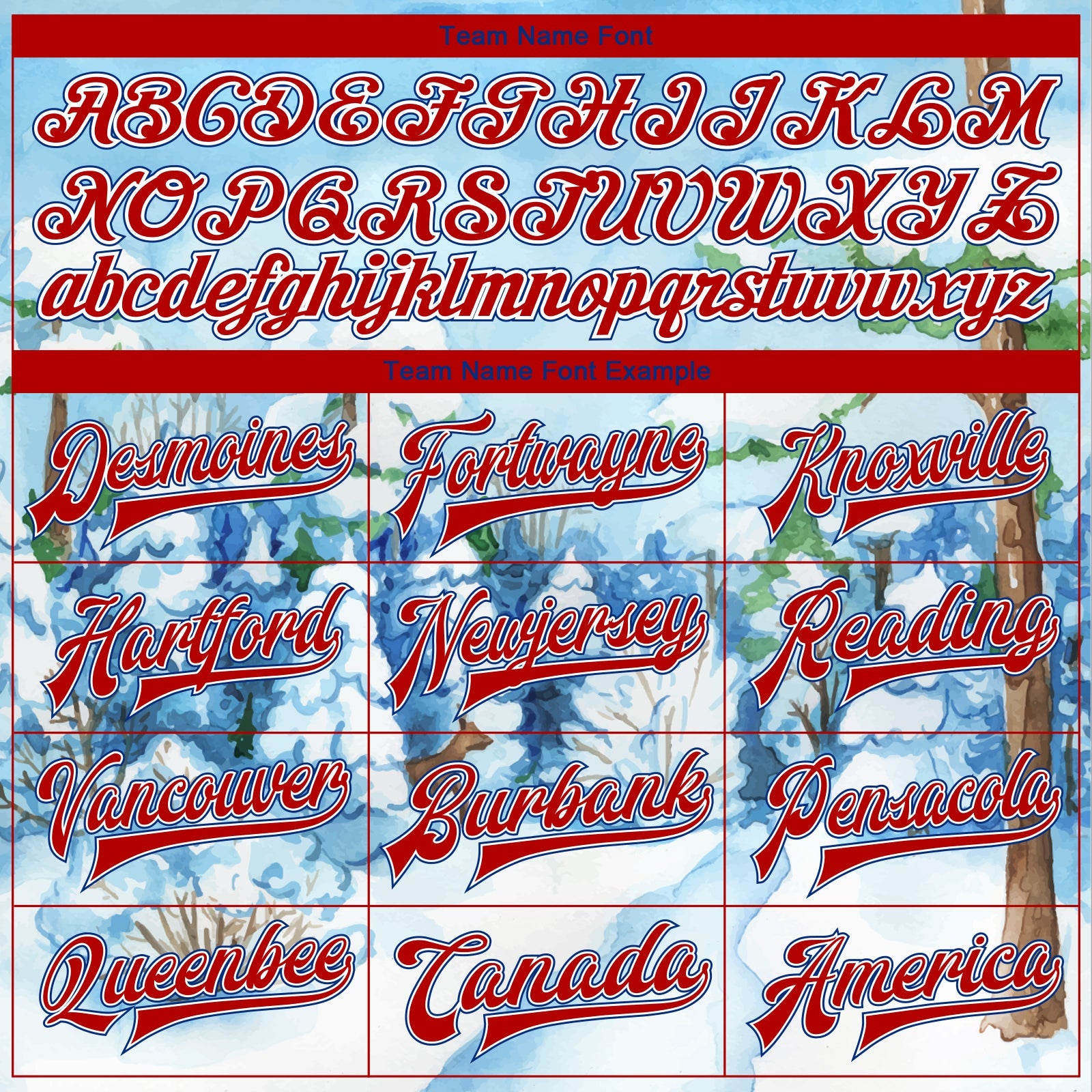 Custom Light Blue Red-Royal Watercolor Winter Landscape With Snowy Trees 3D Pattern Design Bomber Full-Snap Varsity Letterman Jacket view 6