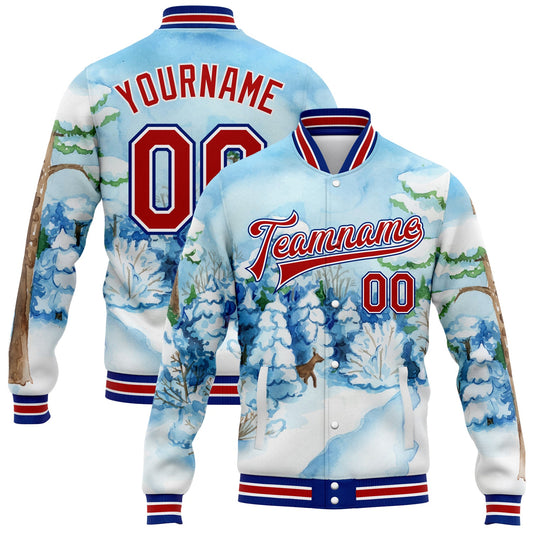 Custom Light Blue Red-Royal Watercolor Winter Landscape With Snowy Trees 3D Pattern Design Bomber Full-Snap Varsity Letterman Jacket - Main View