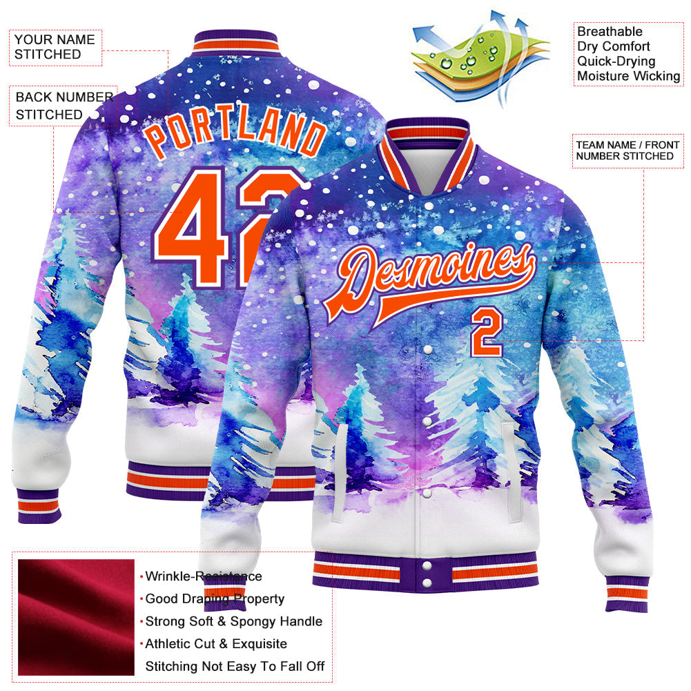 Custom Purple Orange-White Watercolor Winter Landscape With Snowy Trees 3D Pattern Design Bomber Full-Snap Varsity Letterman Jacket view 5
