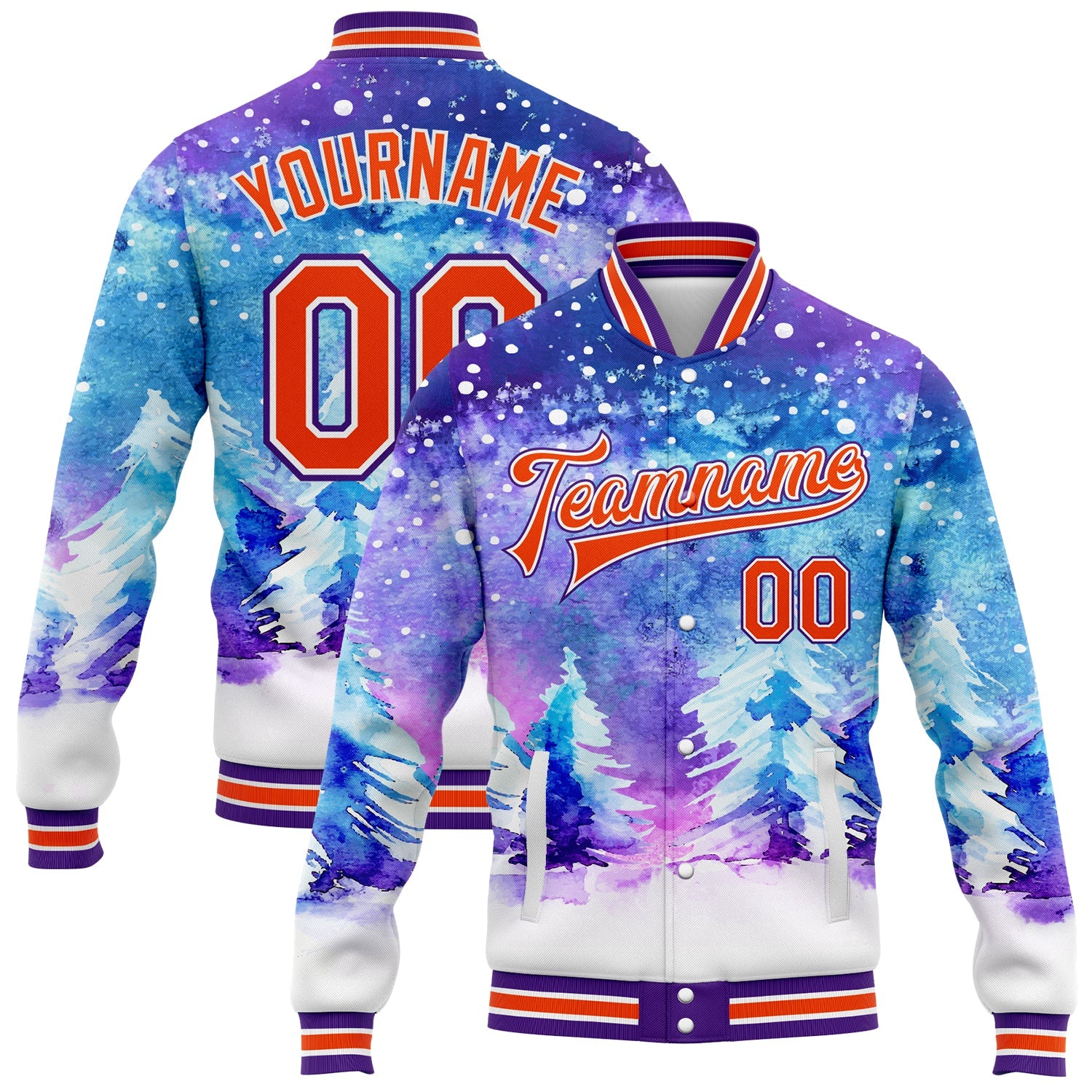 Custom Purple Orange-White Watercolor Winter Landscape With Snowy Trees 3D Pattern Design Bomber Full-Snap Varsity Letterman Jacket - Main View